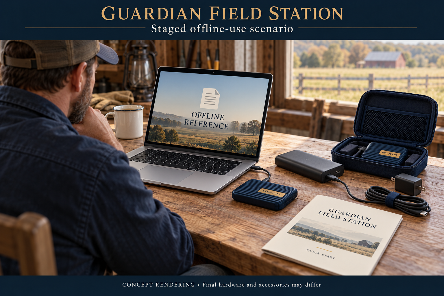 Concept of a farm operator consulting a laptop reference during a staged connectivity outage, with library drive and separate recovery drive.